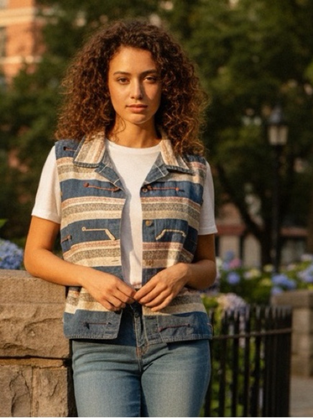 Dress Barn Denim Top with Multicolor Trim